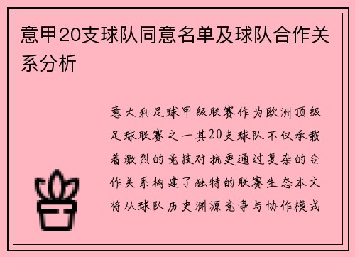 意甲20支球队同意名单及球队合作关系分析